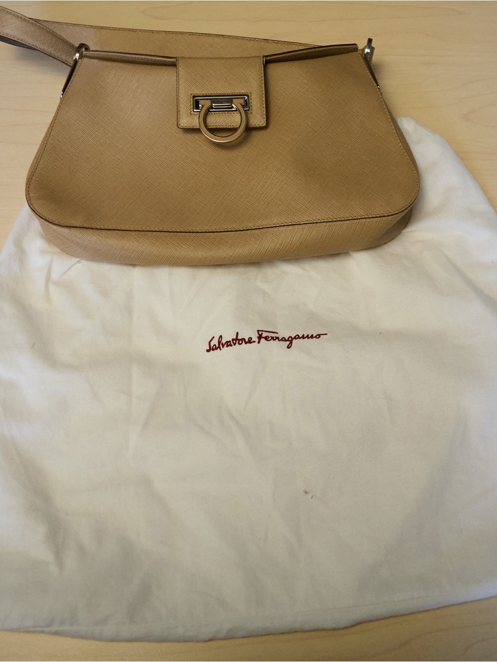 Salvatore Ferragamo Beige Saffiano Leather Shoulder Bag - Picture 2 of 6